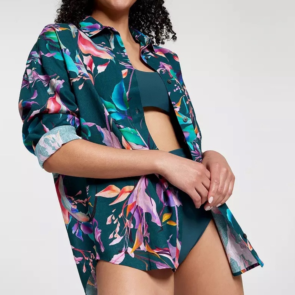 NWT Calia‎ by Carrie Underwood Tropical Floral Linen Rayon Swimsuit Coveruo
